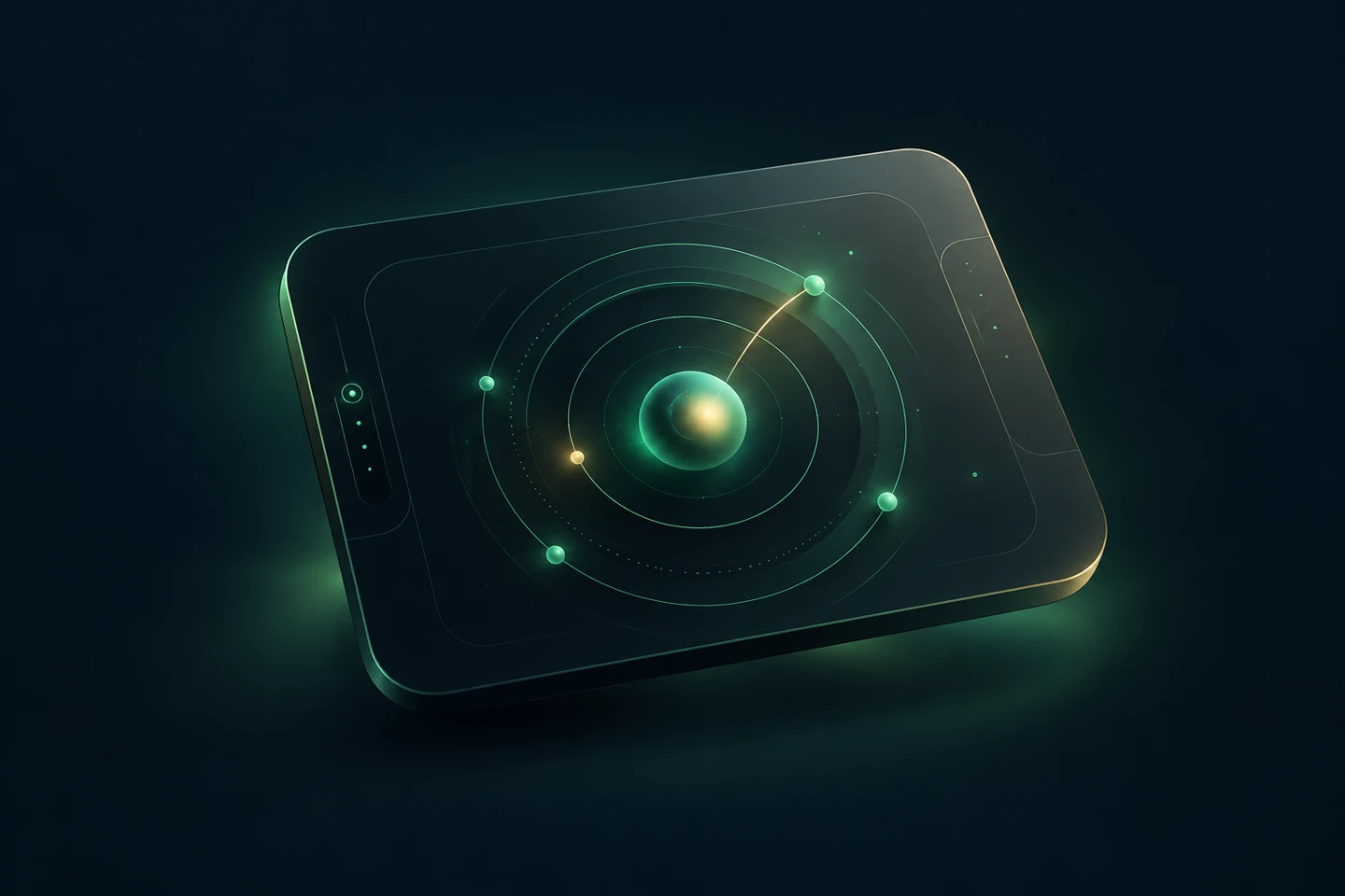 Panel de estrategia con órbitas verdes y un punto de enfoque iluminado, ilustración conceptual